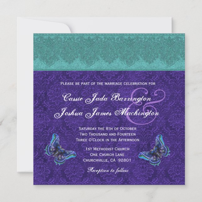 Aquamarines Royal Lila Butterfly Monogram Wedding  Einladung (Vorderseite)