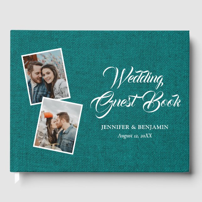 Aquamarines Rustic Burlap Wedding Foto Gästebuch (Vorderseite)