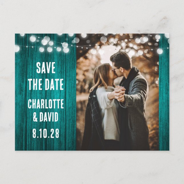 Aquamarines rustikales Foto für Hochzeiten von Hol Ankündigungspostkarte (Vorderseite)