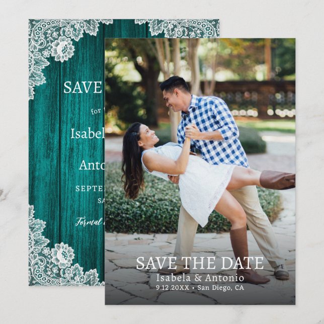 Aquamarines rustikales Foto mit Blumenzwiebeln Save The Date (Vorne/Hinten)