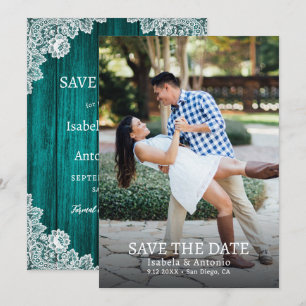 Aquamarines rustikales Foto mit Blumenzwiebeln Save The Date