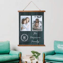 Aquamarines Rustikales Monogramm-Foto Wandteppich Mit Holzrahmen