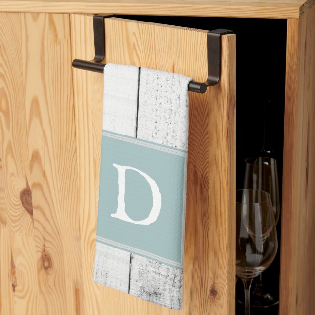 Aquamarines rustikales Monogramm-Handtuch Geschirrtuch (Drittel gefaltet)