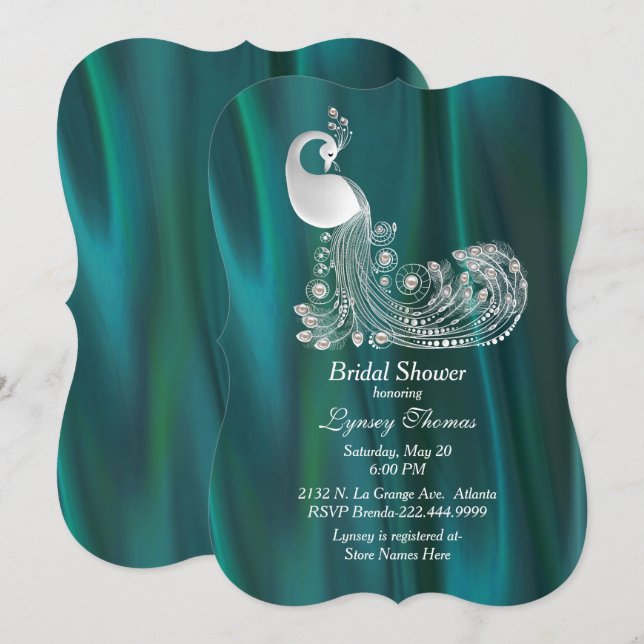 Aquamarines Satin mit weißem Pfau-Brautparty Einladung (Vorne/Hinten)
