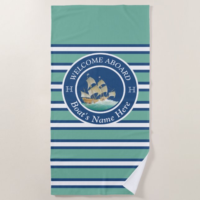 Aquamarines Schiff mit blaugestreiftem Schiff Strandtuch (Vorderseite)