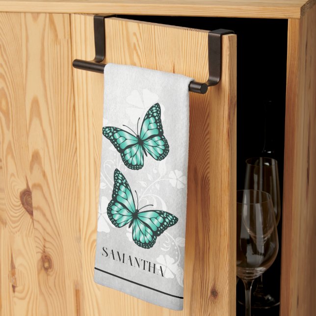 Aquamarines Schmetterling Blumenküche Handtuch (Drittel gefaltet)