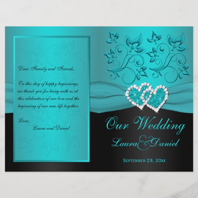 Aquamarines, schwarz-florales Hochzeitsprogramm (Vorderseite)