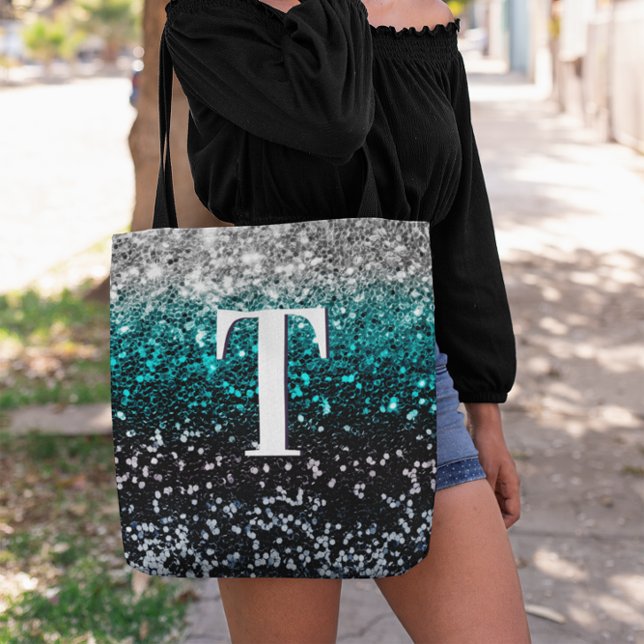 Aquamarines Schwarz-Gradient-Chunky-Glitzer-Monogr Tasche (Silver Teal and Black Chunky Glitter Monogram Tote)
