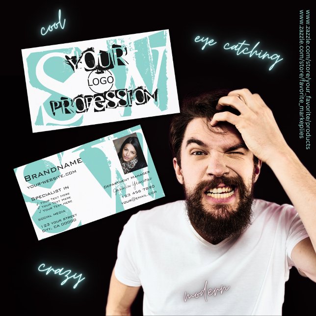 Aquamarines Schwarz mit Foto-Logo und Monogramm Visitenkarte (Von Creator hochgeladen)