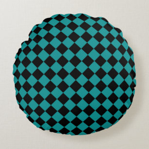 Aquamarines Schwarzes Schachbrett Diamantmuster Rundes Kissen