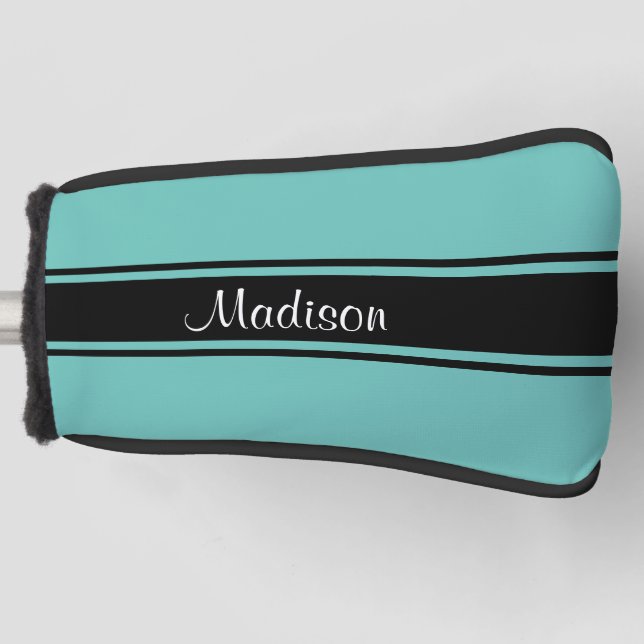 Aquamarines Schwarzes Streifen-Skript-Monogramm Golf Headcover (Vorderseite)