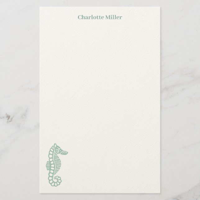 Aquamarines Seepferd Blockdruck personalisiert Briefpapier (Vorderseite)