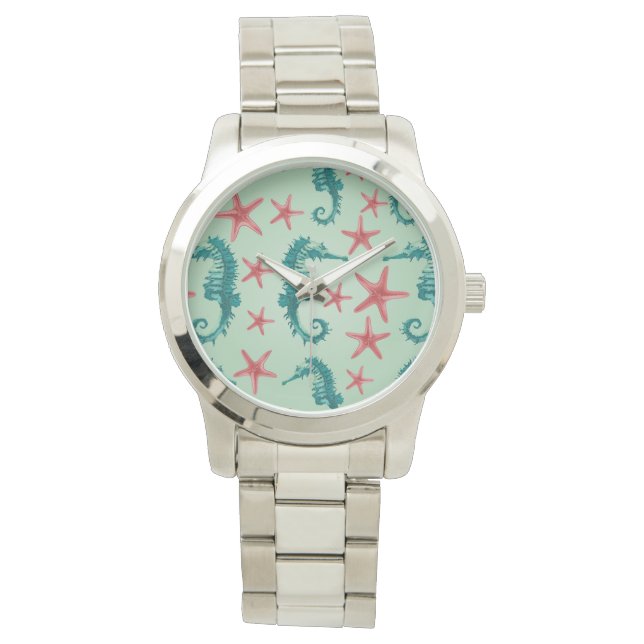 Aquamarines Seepferd Muster 2 Armbanduhr (Vorderseite)
