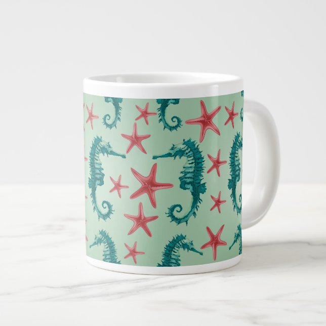 Aquamarines Seepferd-Muster 2 Jumbo-Tasse (Vorderseite Rechts)