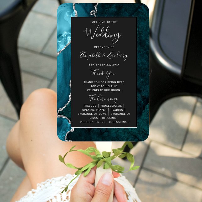 Aquamarines Silver Agate Dark Wedding Program Fächer (Von Creator hochgeladen)