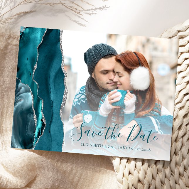 Aquamarines Silver Agate Foto Save the Date Postkarte (Von Creator hochgeladen)