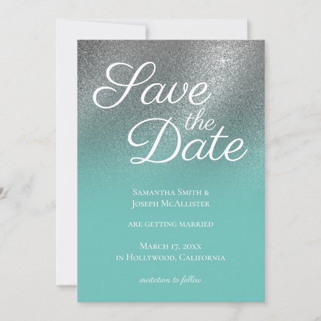 Aquamarines Silver Fine Glitzer Ombre Save the Dat Einladung (Vorderseite)