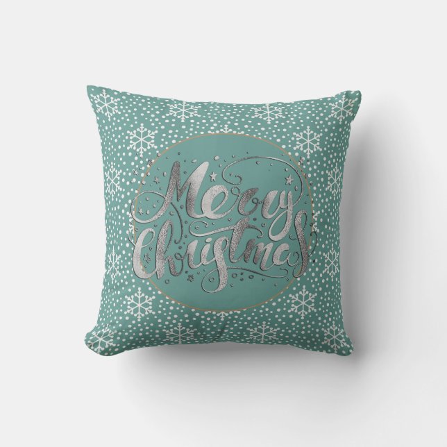 Aquamarines Silver Frohe Weihnachten Schneeflocken Kissen (Vorderseite)