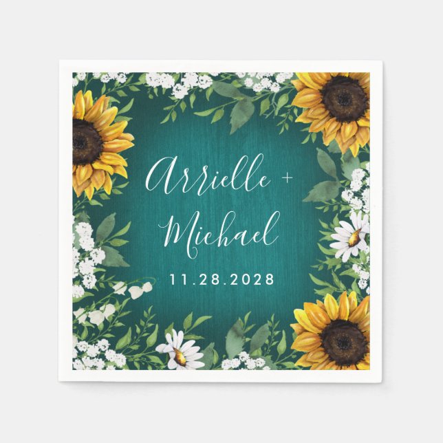 Aquamarines Sonnenblumen Land Rustikale Hochzeit N Serviette (Vorderseite)