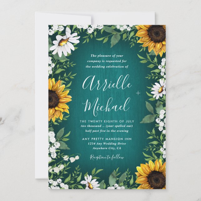 Aquamarines Sonnenblumen Land Rustikale Hochzeitse Einladung (Vorderseite)