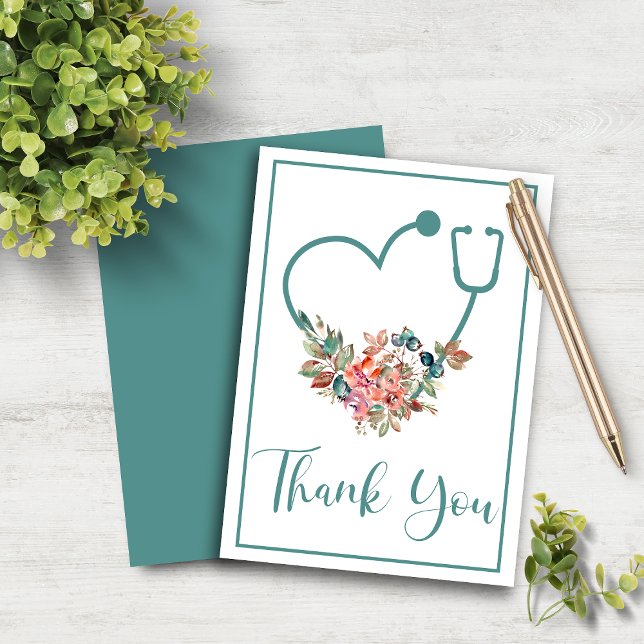 Aquamarines Stethoskop Herz Dankeskarte (Teal Floral Stethoscope Heart Thank You Card)