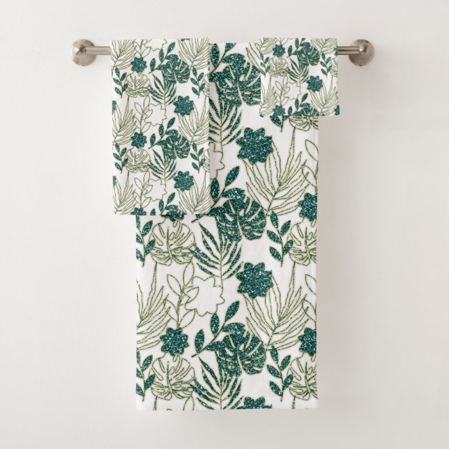 Aquamarines tropisches Monstera Botanisches Weiße  Badhandtuch Set (Insitu)