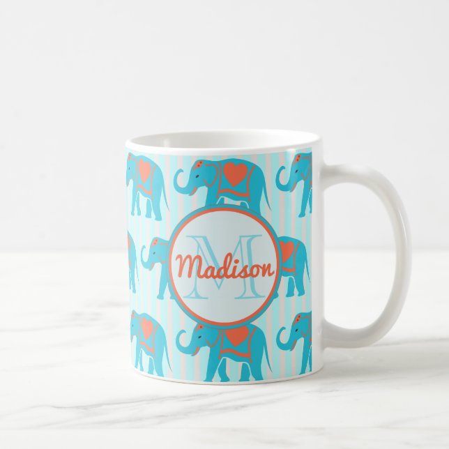 Aquamarines Türkis, blaue Elefanten auf blauem Str Kaffeetasse (Rechts)
