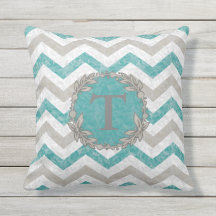 Aquamarines u. beige mit Monogramm Zickzack Kissen