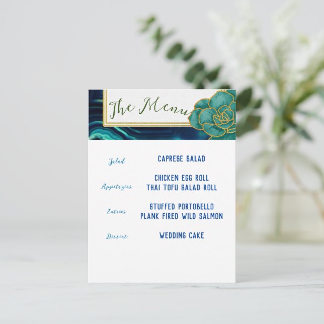 Aquamarines und blaues Floral-Menü Postkarte (Stehend Vorderseite)