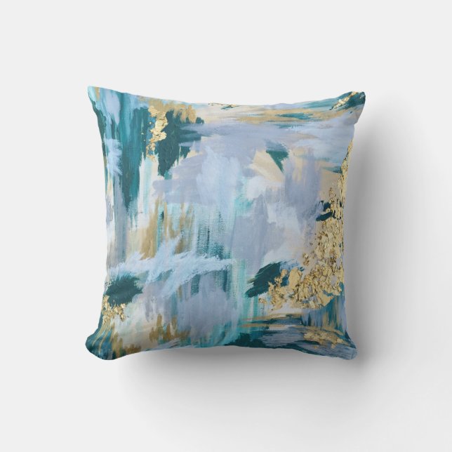 Aquamarines und Gold Abstraktes Muster Kissen (Vorderseite)