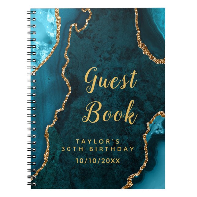Aquamarines und Gold Agate Birthday Gästebuch Notizblock (Vorderseite)