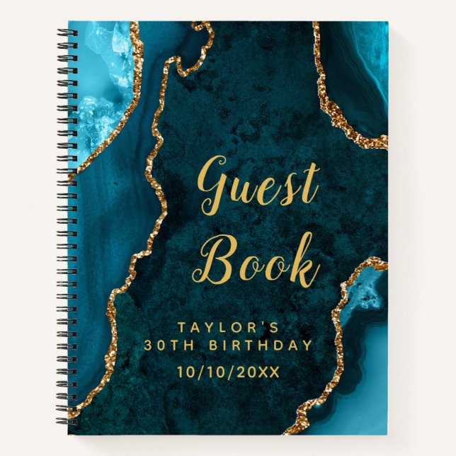 Aquamarines und Gold Agate Birthday Gästebuch Notizbuch (Vorderseite)
