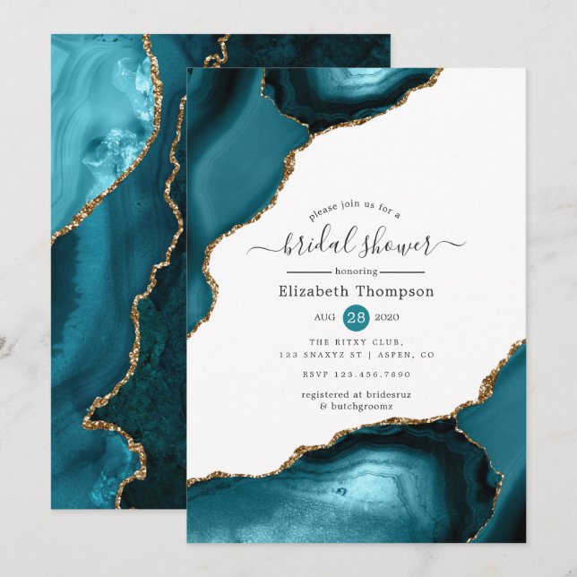 Aquamarines und Gold Agate Brautparty Einladung (Vorne/Hinten)