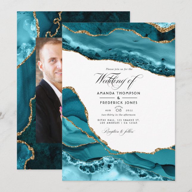 Aquamarines und Gold Agate Stone Wedding Foto Einladung (Vorne/Hinten)