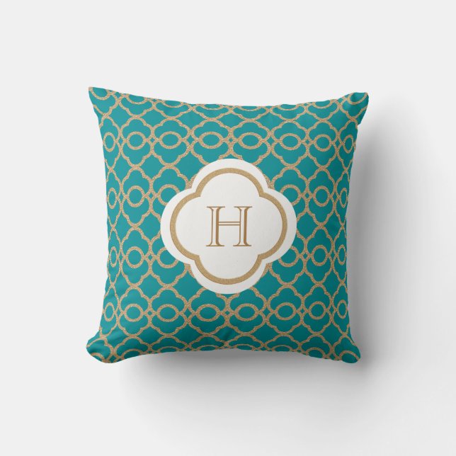 Aquamarines und Goldmarokkanisches Monogramm Kissen (Vorderseite)