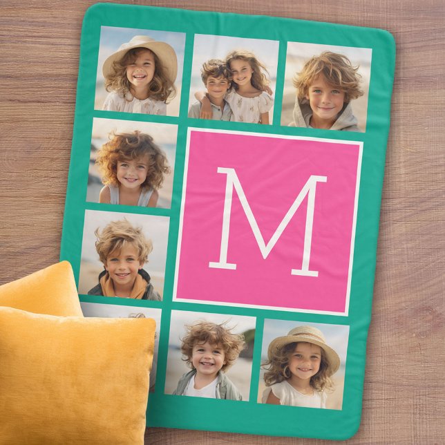 Aquamarines und Hot-Pink-Quadrat 8-Collage Monogra Sherpadecke (Personalized sherpa blanket with photos and text)