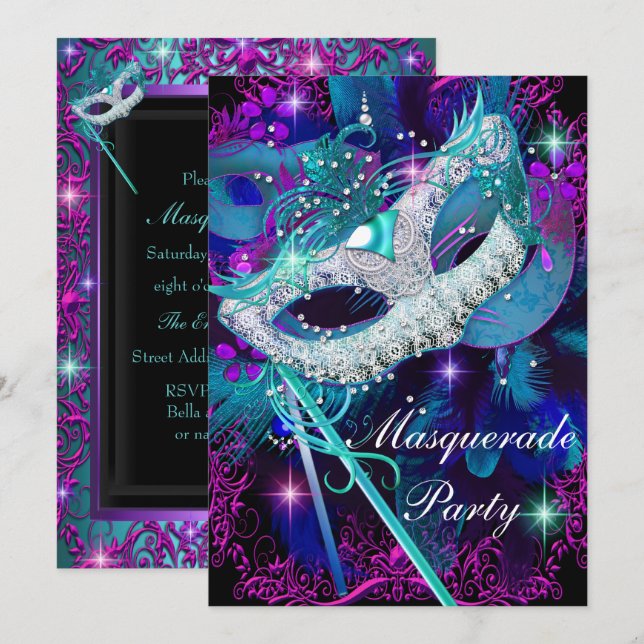 Aquamarines und Lila Masquerade-Ball-Party Einladung (Vorne/Hinten)