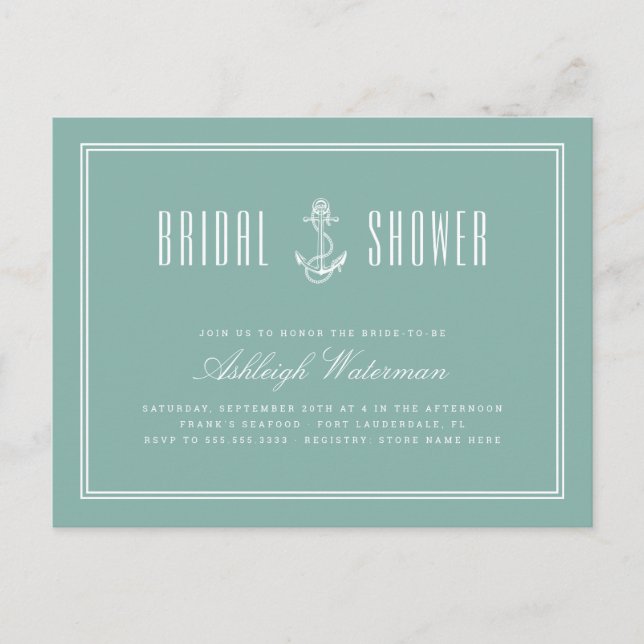 Aquamarines und navy Blue Nautic Anchor Brautparty Einladungspostkarte (Vorderseite)