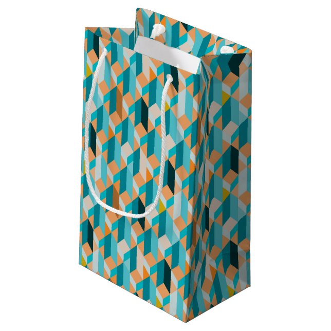 Aquamarines und orange Form-Muster Kleine Geschenktüte (Rückseite Schrägansicht)