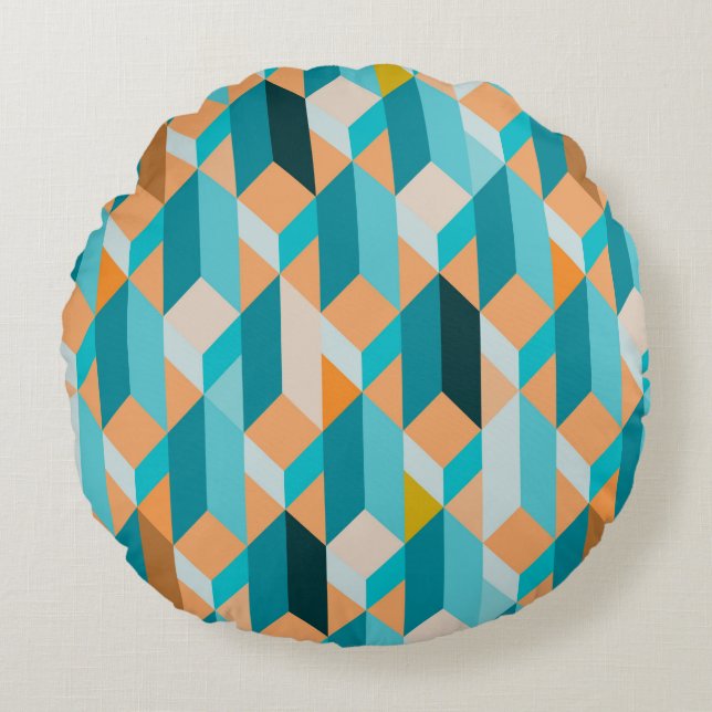 Aquamarines und orange Form-Muster Rundes Kissen (Vorderseite)