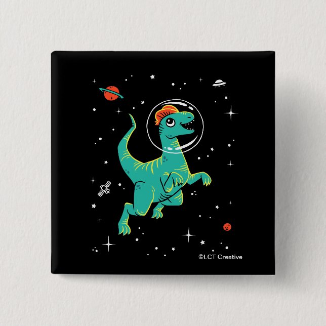 Aquamarines und orangefarbenes Dilophosaurus Dinos Button (Vorderseite)