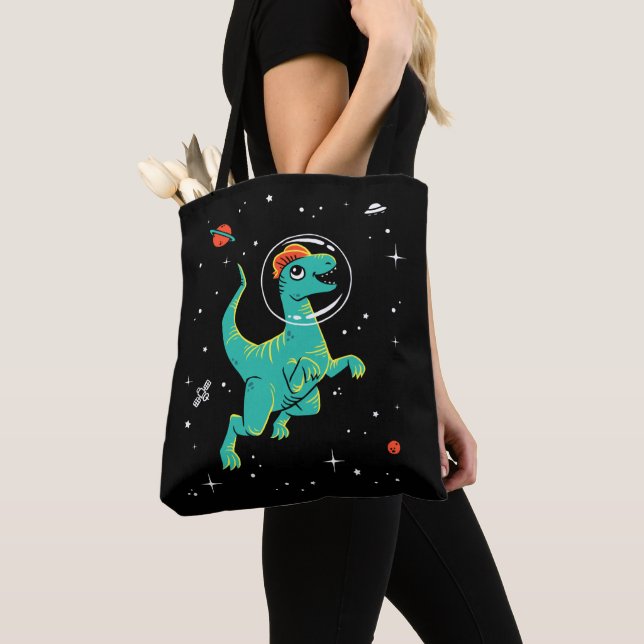 Aquamarines und orangefarbenes Dilophosaurus Dinos Tasche (Von Nahem)