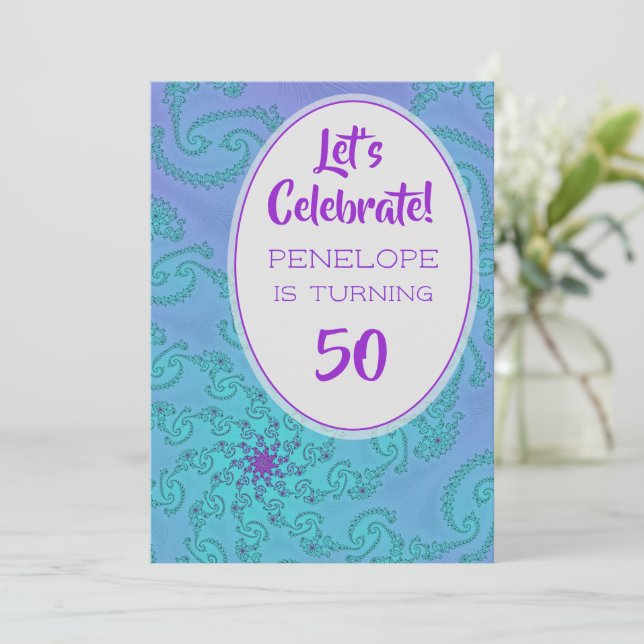 Aquamarines und Plum Fraktal Blumenmuster 50. Gebu Einladung (Stehend Vorderseite)