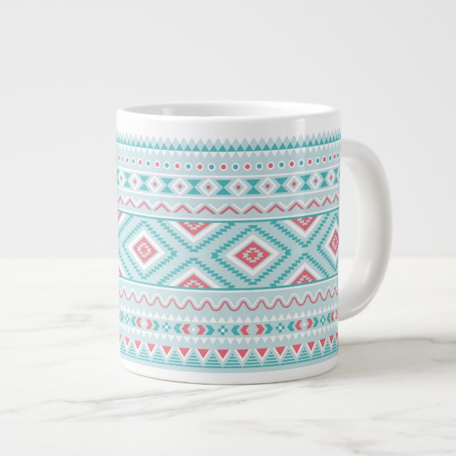 Aquamarines und rosa Azteken-Stammmuster Jumbo-Tasse (Vorderseite Rechts)