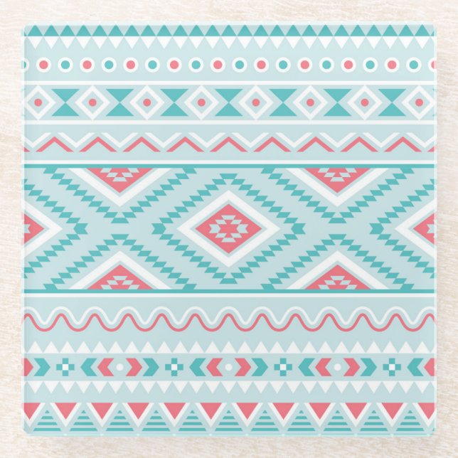 Aquamarines und rosa aztekisches Stammes- Muster Glasuntersetzer (Vorderseite)