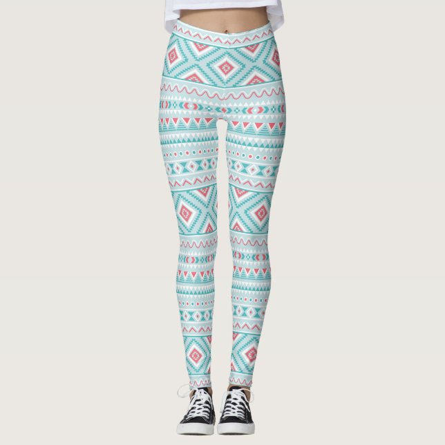 Aquamarines und rosa aztekisches Stammes- Muster Leggings (Vorderseite)