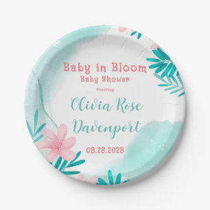 Aquamarines und rosa Blumenbaby im Bloom Baby Dusc Pappteller