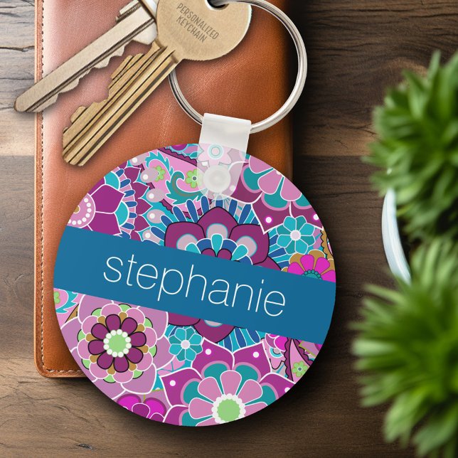 Aquamarines und rosa Blumenmuster mit individuelle Schlüsselanhänger (Personalized Keychain)