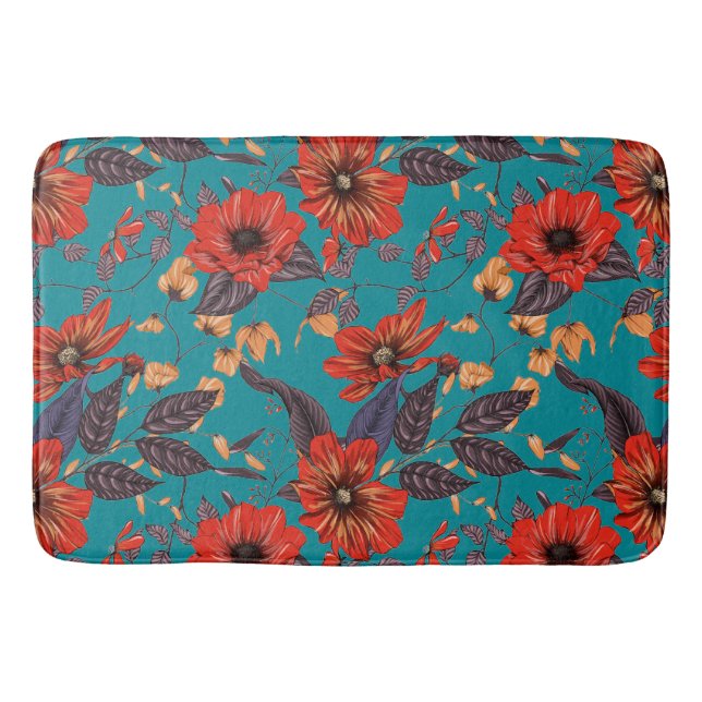 Aquamarines und rotes Blumenmuster Badematte (Vorderseite)