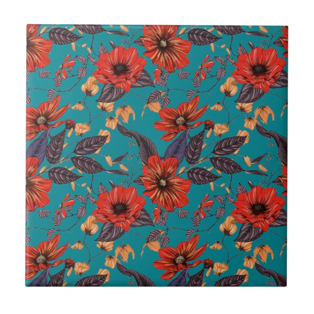 Aquamarines und rotes Blumenmuster Fliese (Vorderseite)